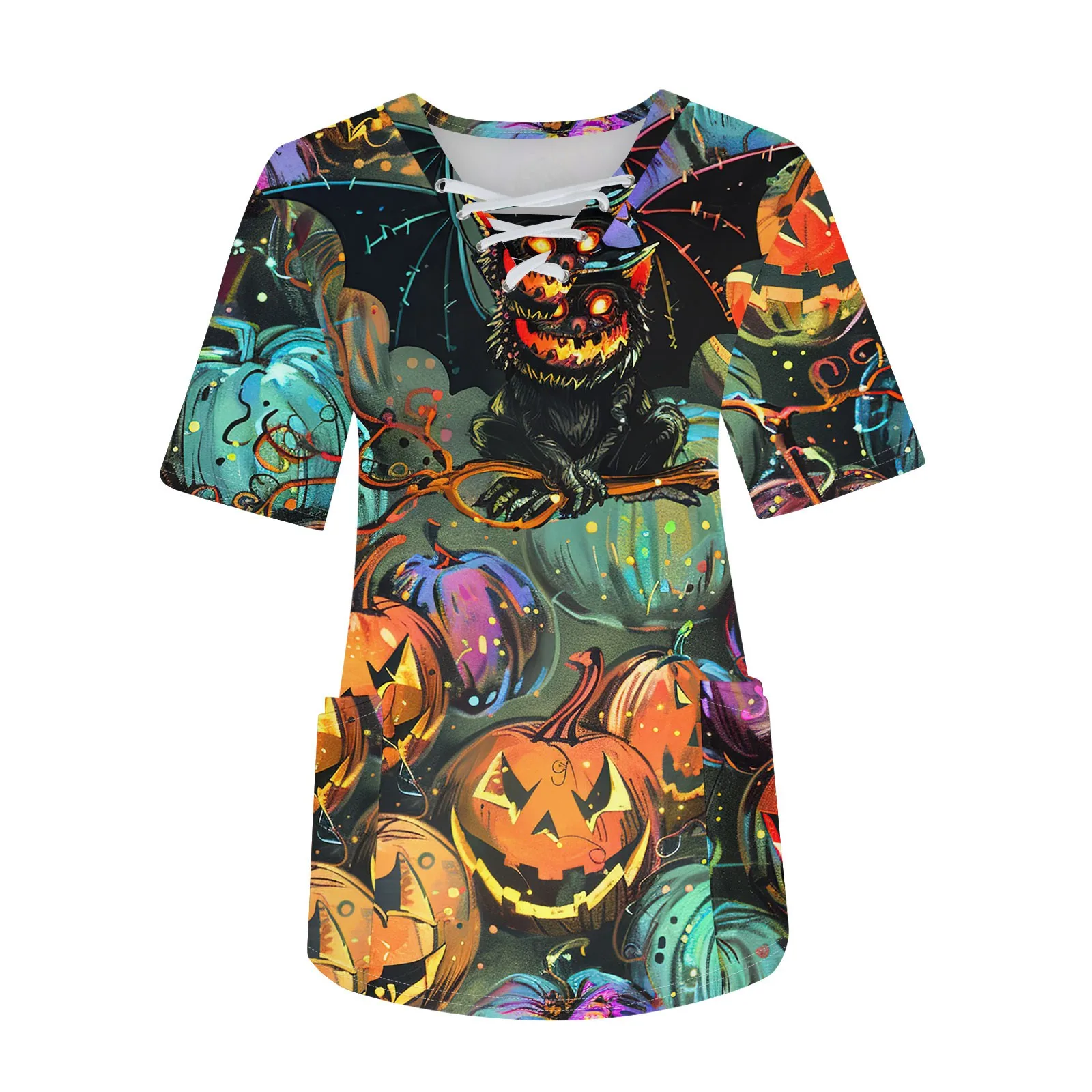 Halloween Print Nurse Uniform Women Short Sleeve V-Neck Tops Healthcare Tunic Pocket Blouse Overalls Female Uniforme Clinico