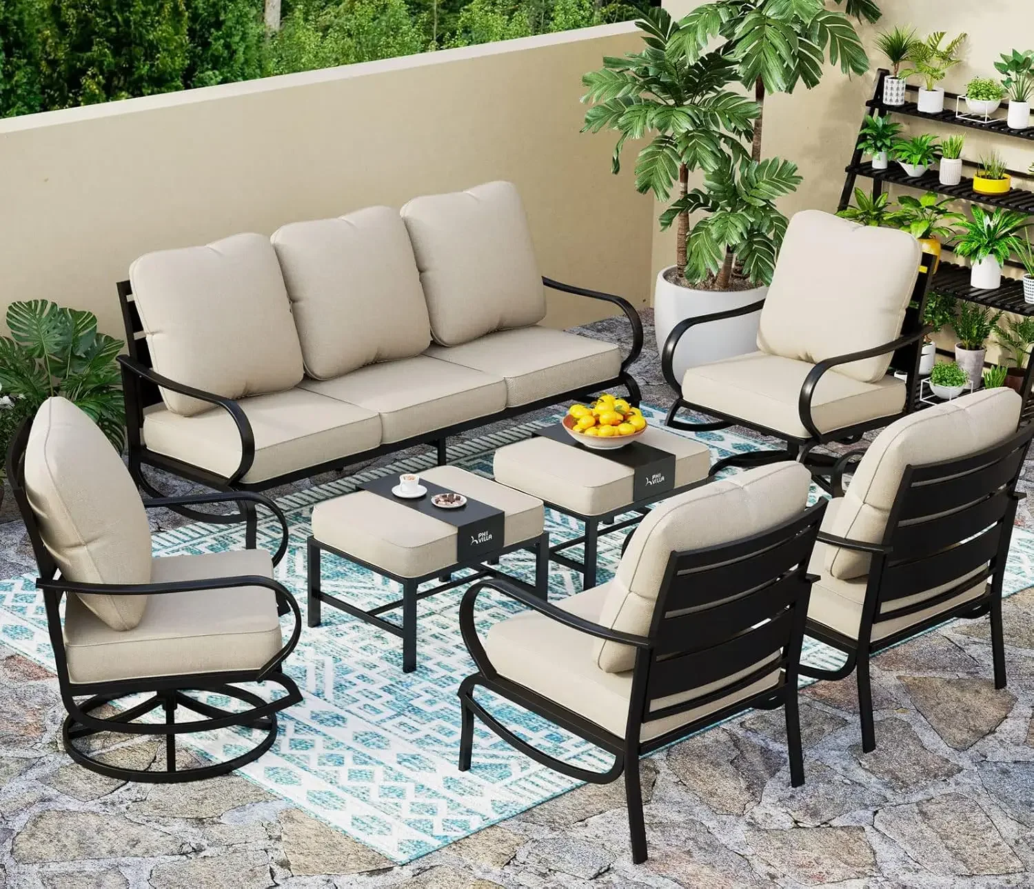 7 Seat Outdoor Patio Furniture Set with 1x 3 Seater Cushioned Deep Seating Bench Sofa, 2 Swivel Sofa Chair