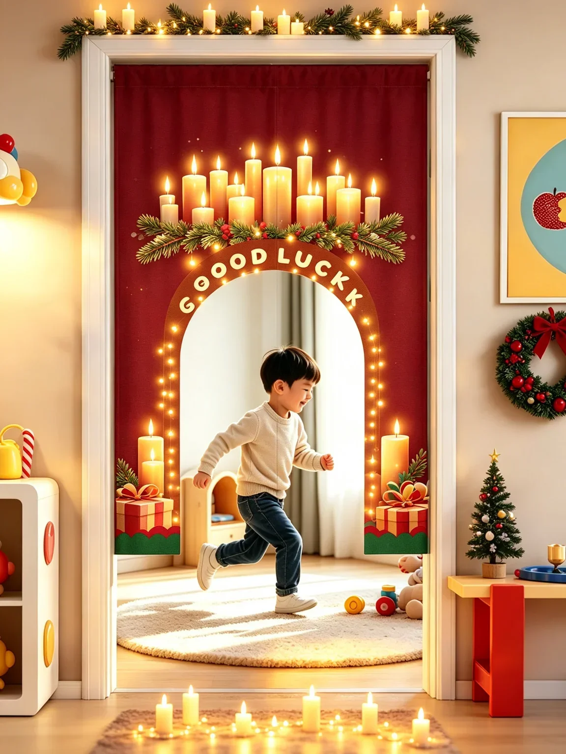 VIKAMA Santa Sleigh Moon Arched Half Door Curtain Christmas Kids Room Cotton Linen Short Curtain Privacy Partition Home Decor