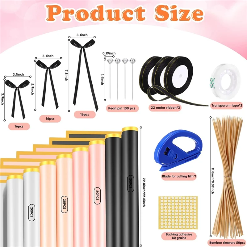 Flower Bouquet Wrapping-Paper Kit(285 Pcs)- Ribbon& 48 Black Bows 100 Pearl Pins For Wedding, Birthday Party, Gift