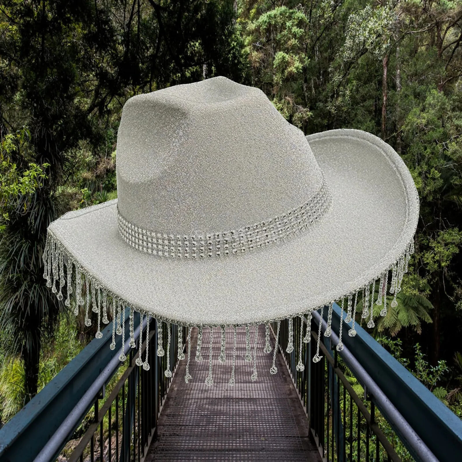 White Denim Cowboy Hat Trendy Cowboy Hat with Rhinestone Hatband Versatile Long-Lasting for Themed Events, Parties