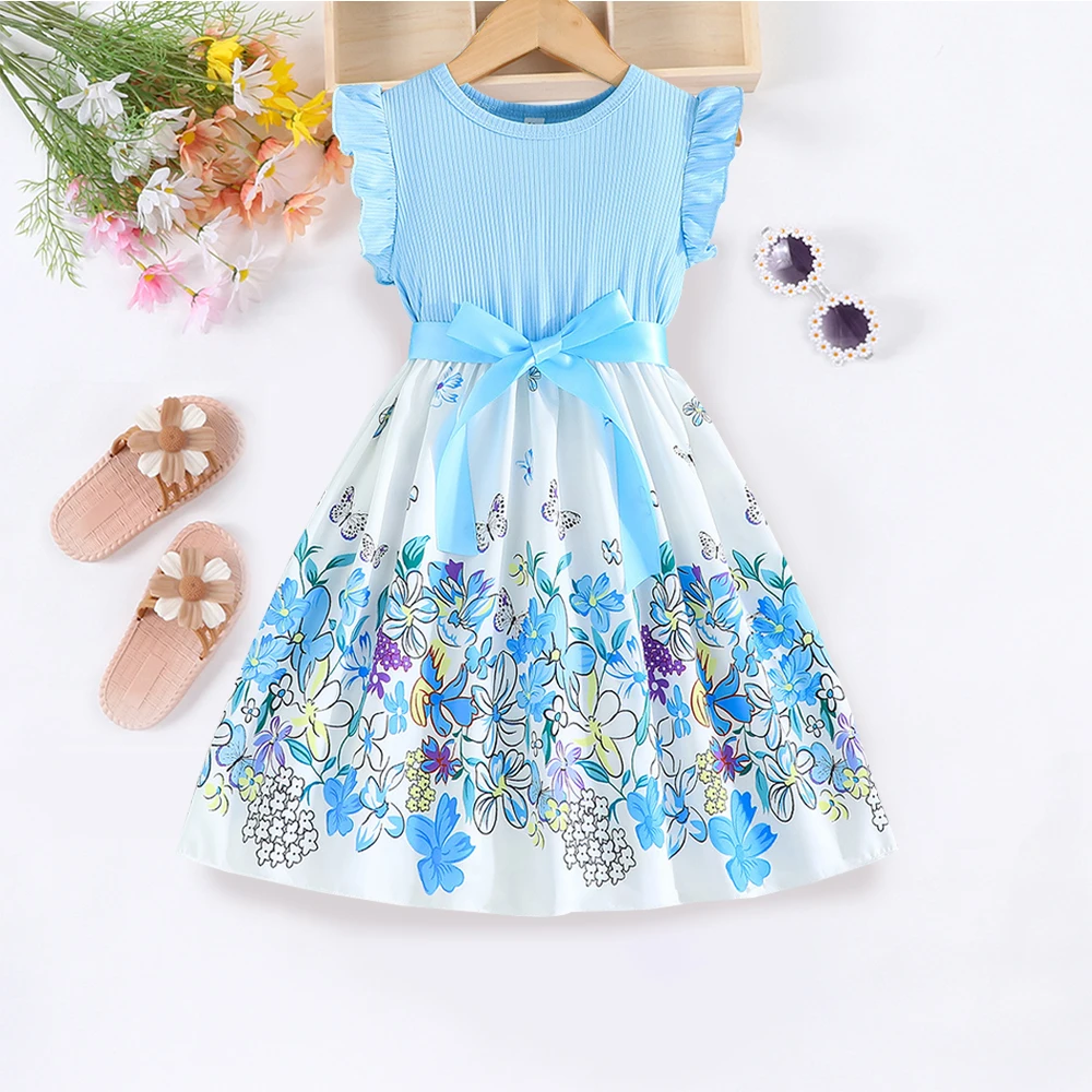 Summer Girl Floral Dress Casual knit Patch Flying Sleeve with Bow Children Clothing 3-10Y Baby Daily Dress Outfits Princess