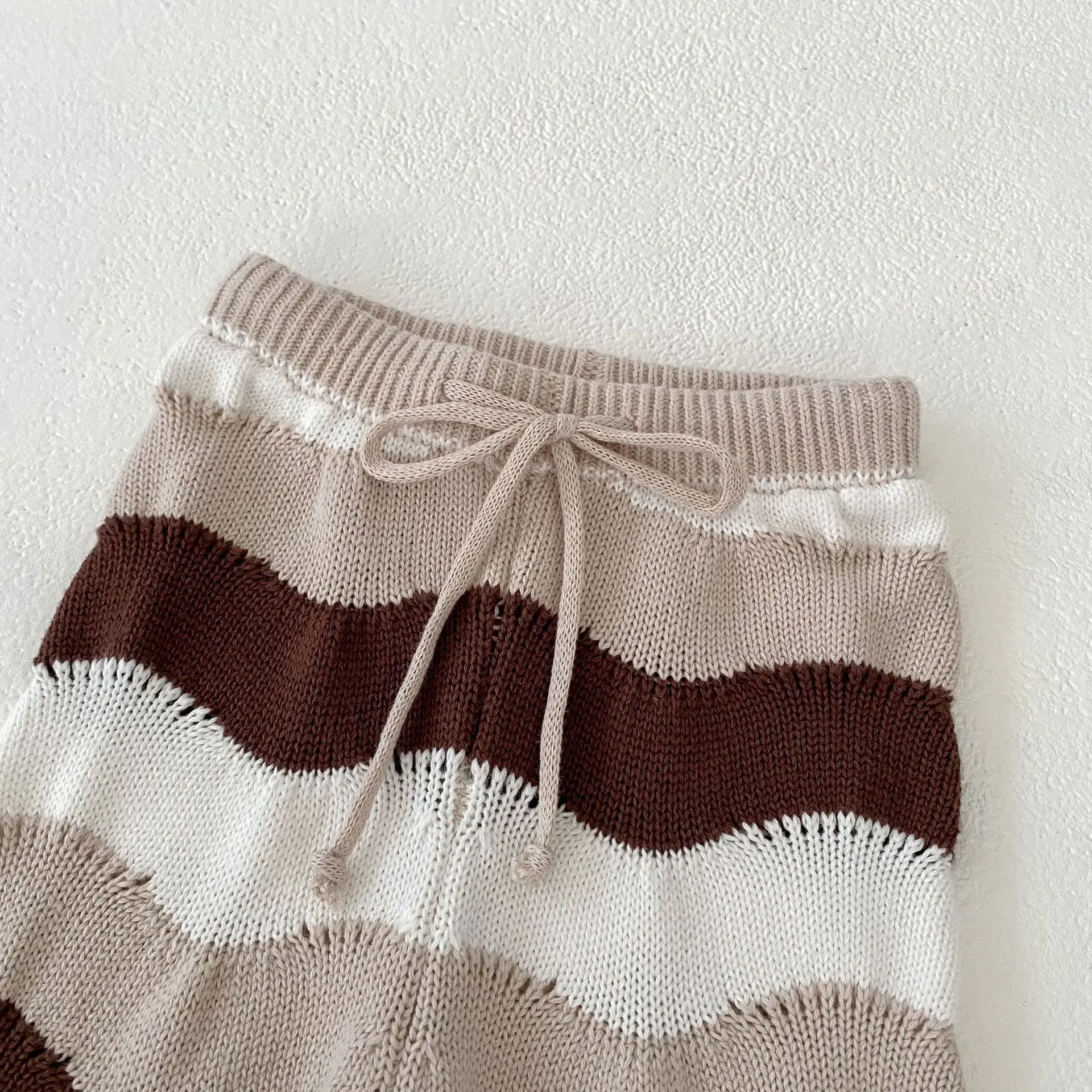 Instagram Spring and Autumn New Men\'s and Women\'s Sweater Set for Infants and Girls, Wave Contrast Stripe Knitted Top+Loose Pant