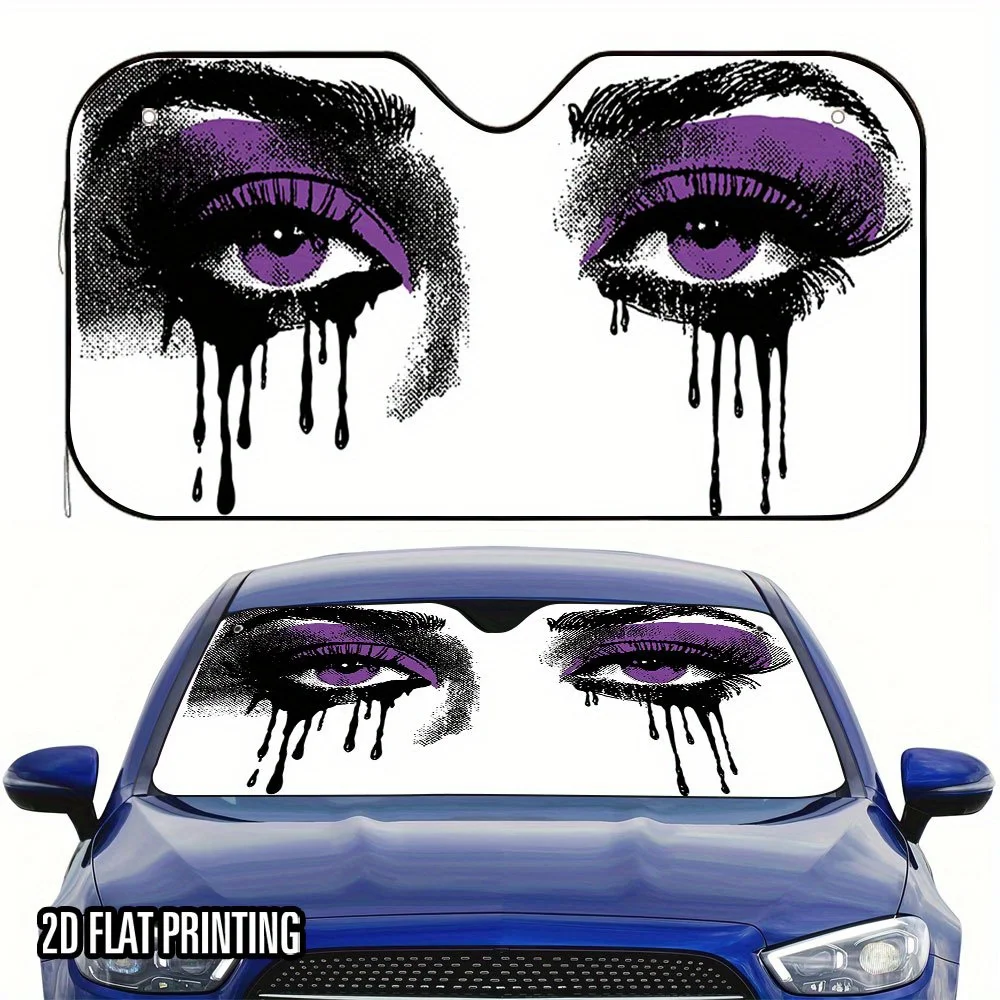 Purple Gaze Tears Design Car Sunshade - Fit For Cars, SUVs & Trucks, 2D Flat Printing With Dramatic Eye & Tear Drip Art, 4 Sucti