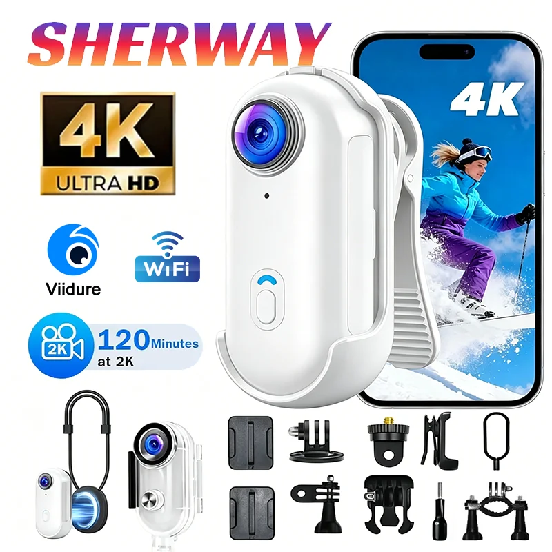 Câmera de Ação 4K Wi-Fi Magnética HD com Clipe para Peito, Moto, Esportes, Vlog, Câmera de Bolso, Filmadora de Capacete à Prova d'Água