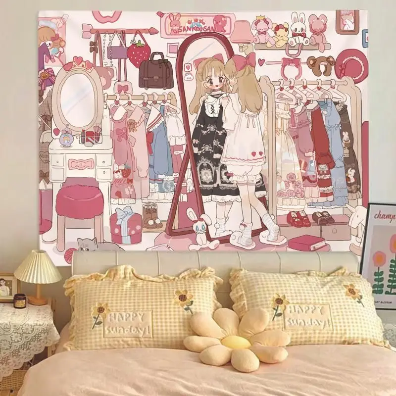 VIKAMA Girl Cartoon Illustration Tapestry, Lolita Sweet Pink Linen Wall Hanging for Bedroom Living Room Dorm Decor