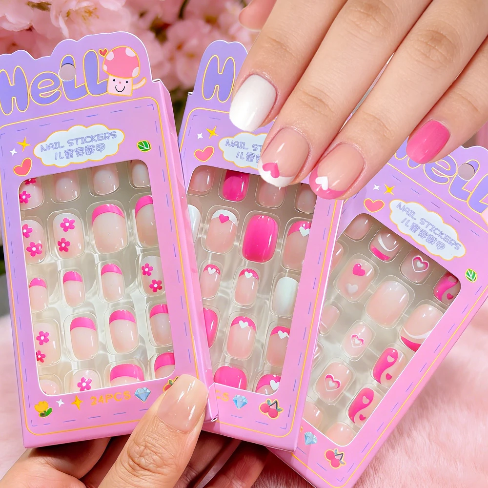 24Pcs Pink Flower Heart Kids False Nails Glossy Nude Short Oval Children's Press on Nails Sweet Girl Acrylic Fake Nail Patches#_