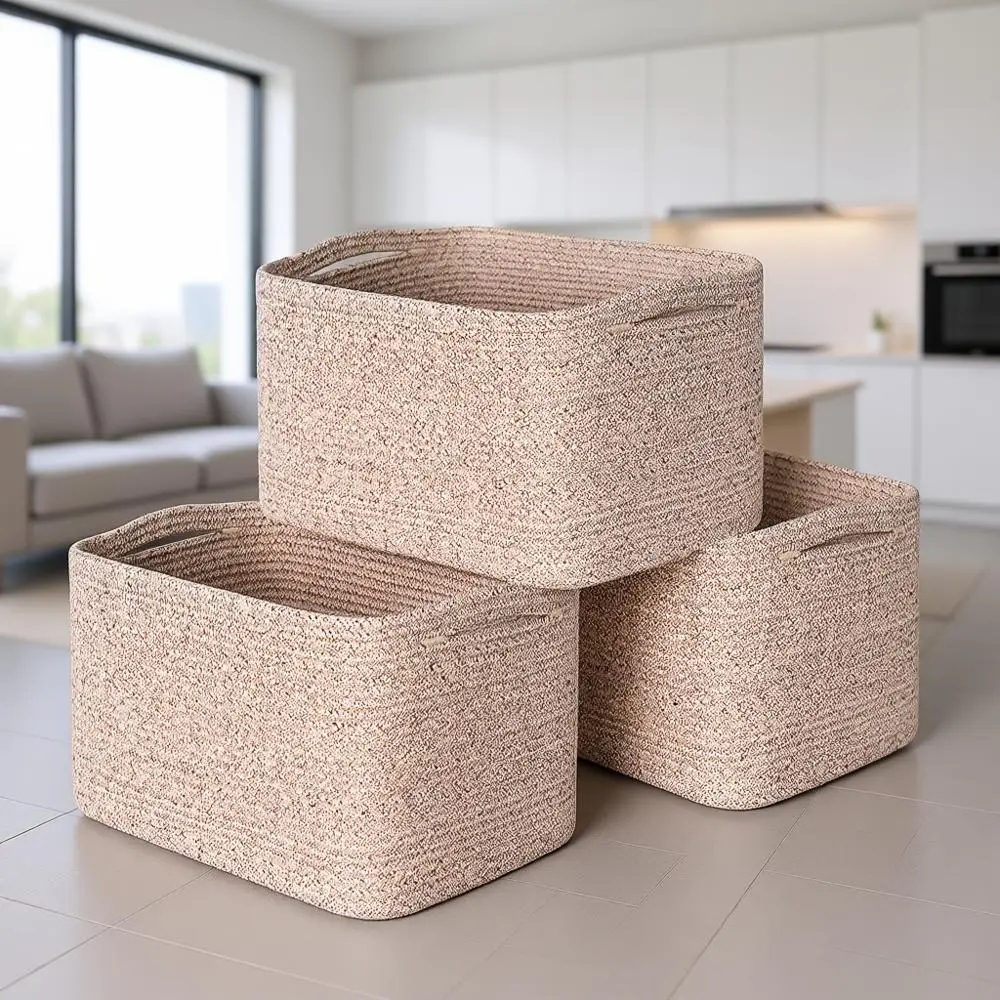 

Set of 3 Woven Storage Baskets for Organizing Books, Shoes, Toys, and More in Brown