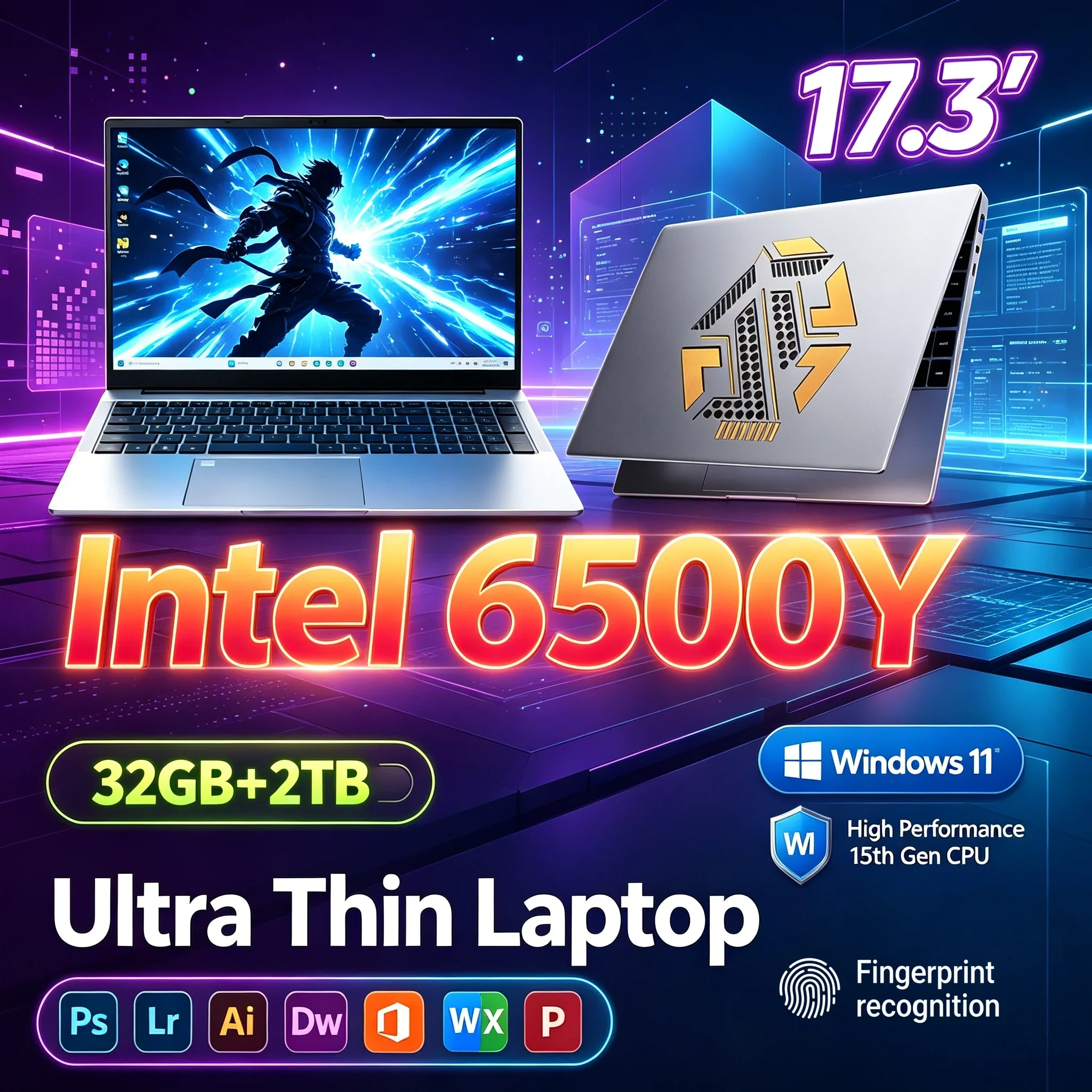 17.3'' HD Office Laptop Computer Intel 6500Y 32GB RAM 1TB Or 2TB SSD Win11 WiFi 6 BT5.2 Light Portable Daily Use Study Notebook