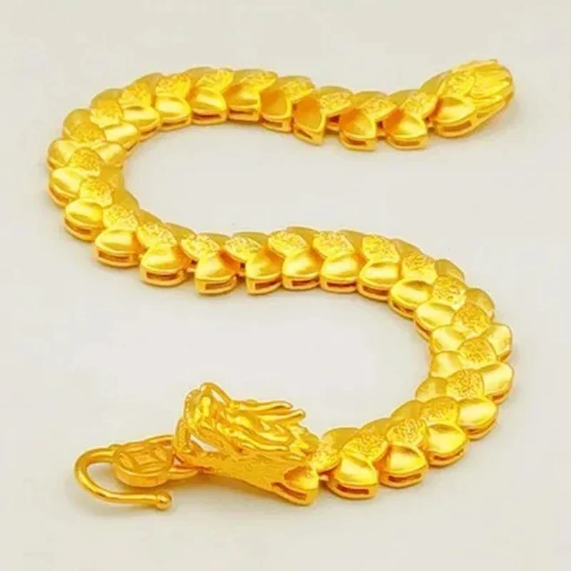 9999 24K real gold hollow M-button men's bracelet cylindrical dragon head scale gold bracelet men's gold jewelry bracelet
