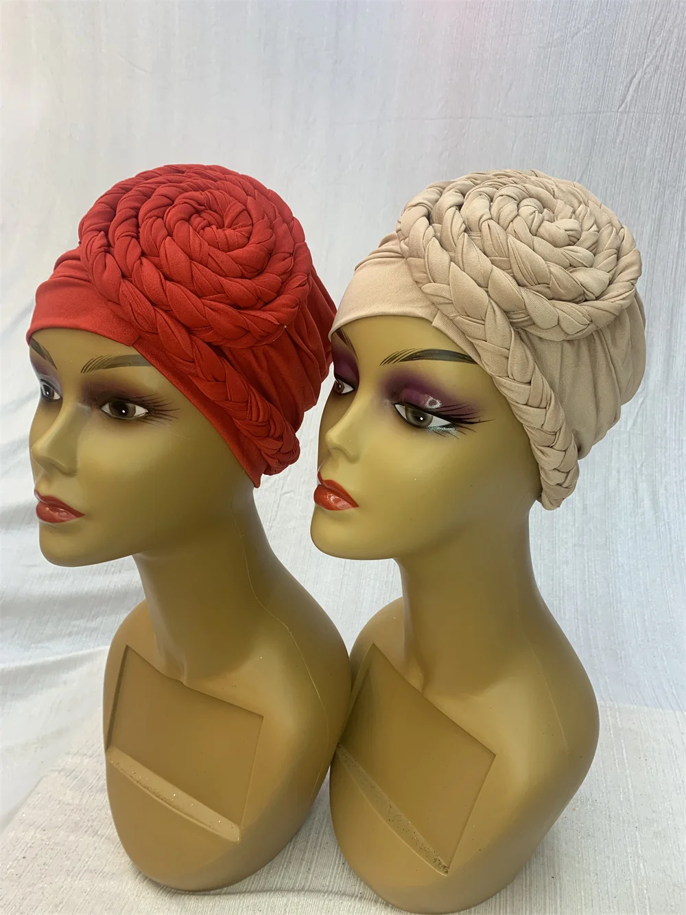 Candy Color Women's Braid Turban Caps Elastic Muslim Beanie Head Wrap Bonnet Lady Cancer Chemo Head Cover Cap Turbant 12pcs/pack