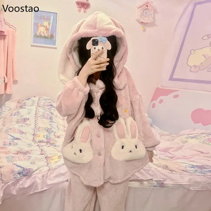 Autumn Winter Cute Lolita Princess Pajamas Sets Warm Cartoon Rabbit Ears Hooded Plush Leisure Wear Girl Sweet Homewear Sleepwear