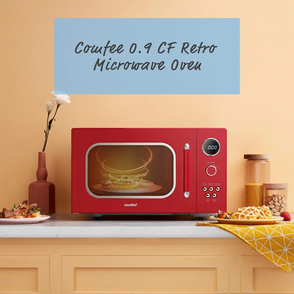 Retro Microwave with 9 Preset Programs, Fast Multi-stage Cooking, Turntable Reset Function Kitchen Timer, Mute Function,ECO Mode