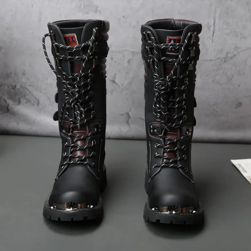 Men's Motorcycle Boots Knight Boots Punk PU Leather High Top Casual Shoes Man Large Size 48 Retro Rivet Outdoor Mid-calf Booties