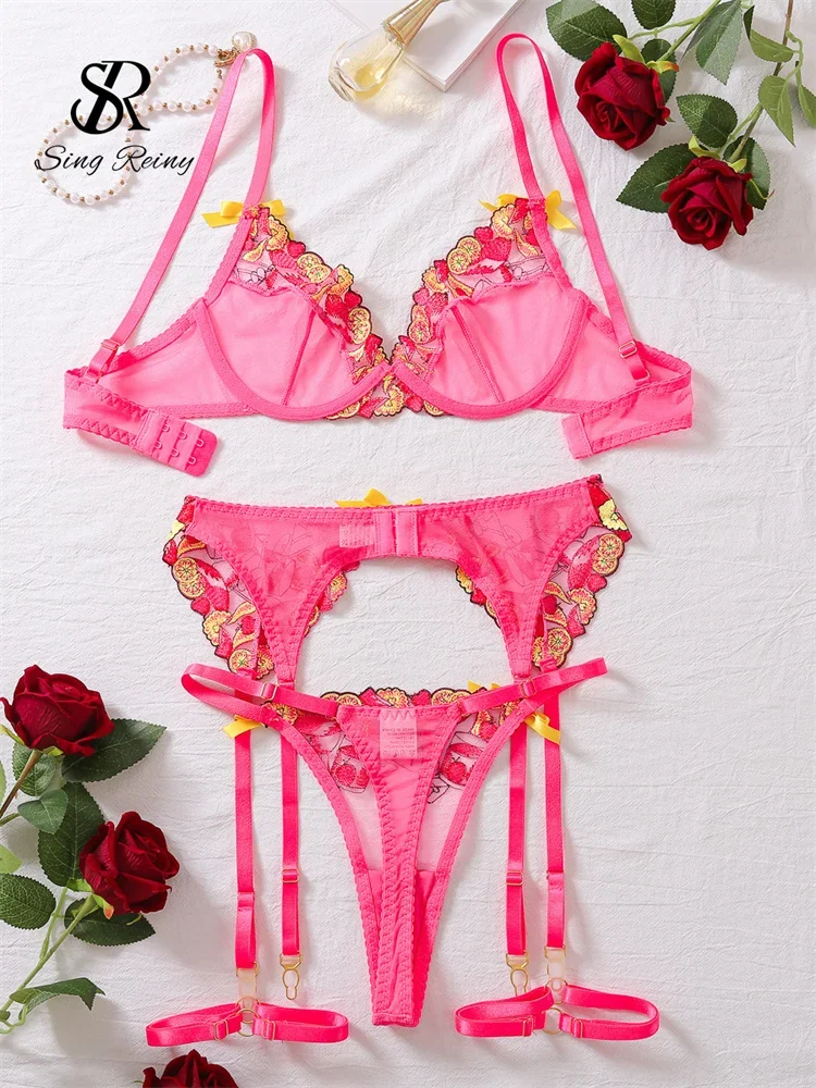 Singreiny-女性のための花柄の刺繍が施されたブラセット,透明な下着,メッシュのランジェリー,韓国スタイルのガーターベルト,スリーピースのスーツ,2024