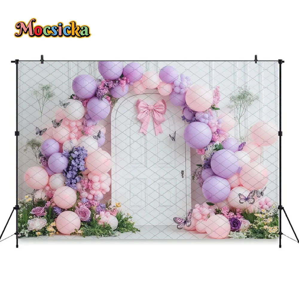 Mocsicka الوردي الأرجواني الجنية الباب التصوير خلفية بالون فراشة زهرة القوس خلفية الفتيات عيد ميلاد الأميرة صورة