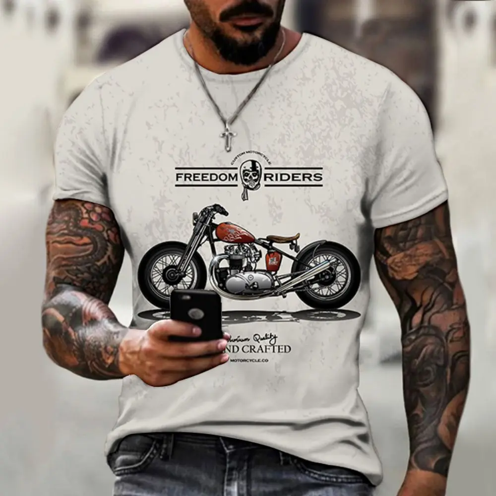 Vintage Motorcycle T-Shirt For Mens Short Sleeve Tops 3D Motorcycle T-Shirt Oversized Summer Clothing Street Men\'s Retro T-Shirt