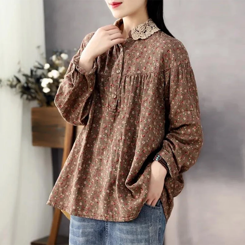 Spring Autumn Lace Patchwork Doll Collar Floral Print Shirt Ladies Literary Vintage Long Sleeve Cotton Blouse Top Female Clothes