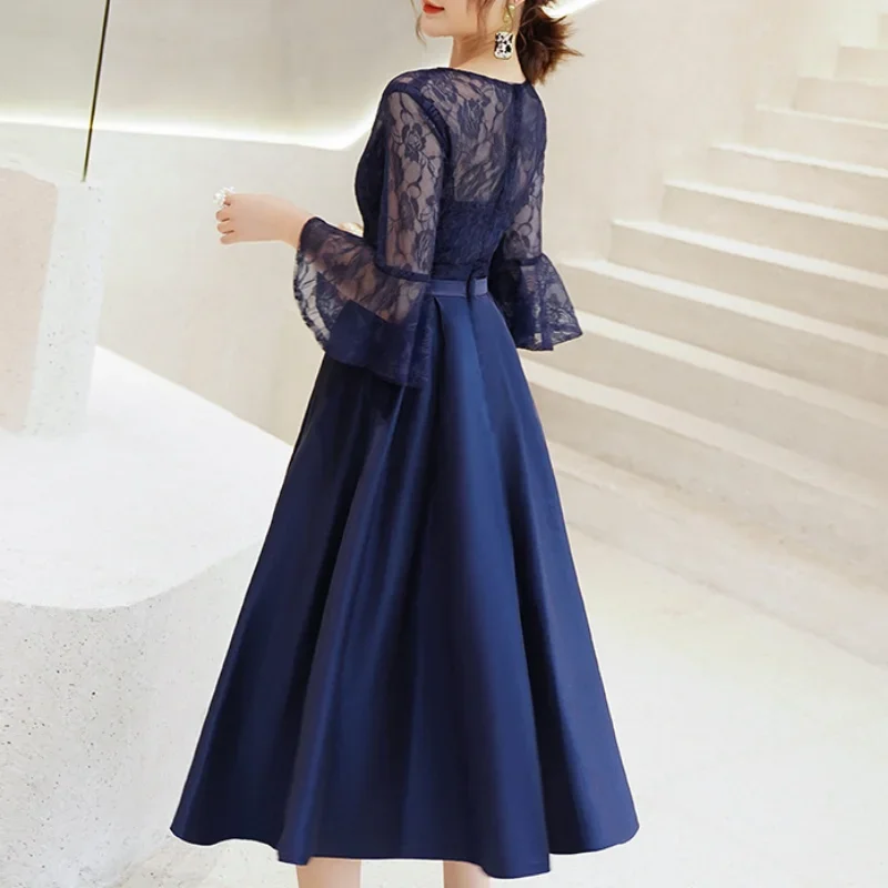 Customized O-neck Half Flare Sleeve Prom Dresses Lace Slim Waist Elegant Pleated Formal Dress 2024 Solid Medium To Long Evening