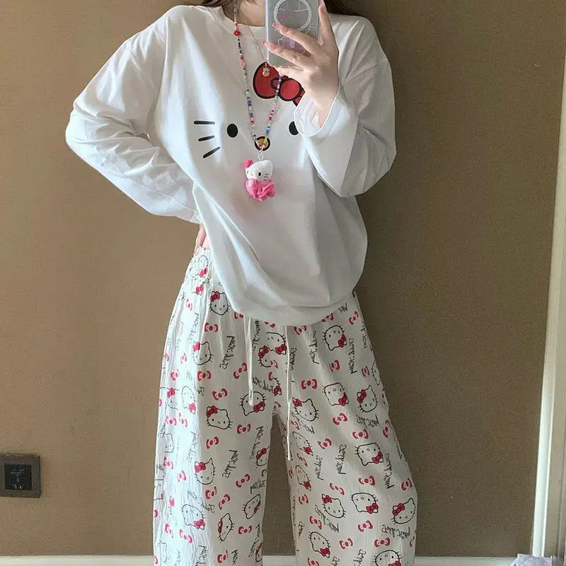 

Женский повседневный костюм в стиле аниме «Hello Kitty», Y2K, милая домашняя одежда в мультяшном стиле, брюки с длинными рукавами, милая уличная одежда для девочек