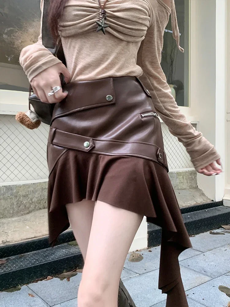 

Autumn Winter Black Pu Leather Patchwork Elegant Vacation Pleated Mini Skirt Women Brown High Waist Sexy Irregular Ruffles Skirt