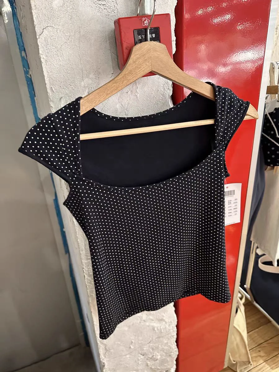 Dot Sleeveless Black Slim T-shirt Woman Summer Sexy Square Collar Cotton Tee Shirt Preppy Style Cute Streetwear Y2k Crop Tops
