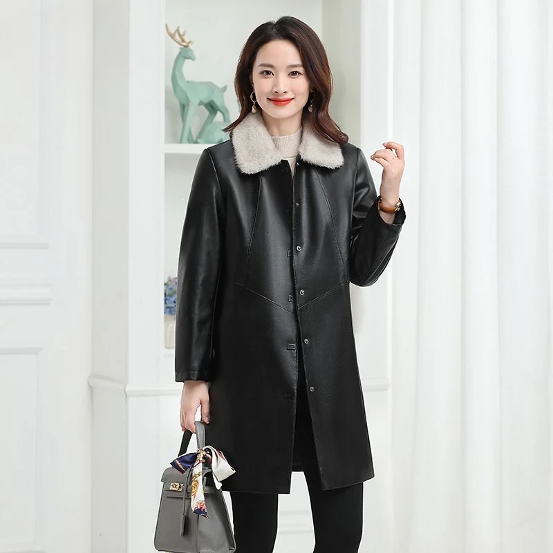 2023 Autumn Winter New Women Mid-Length Leather Coat Fashion Loose Warm Large Size Outwear FemaleTemperament pu leather jacket