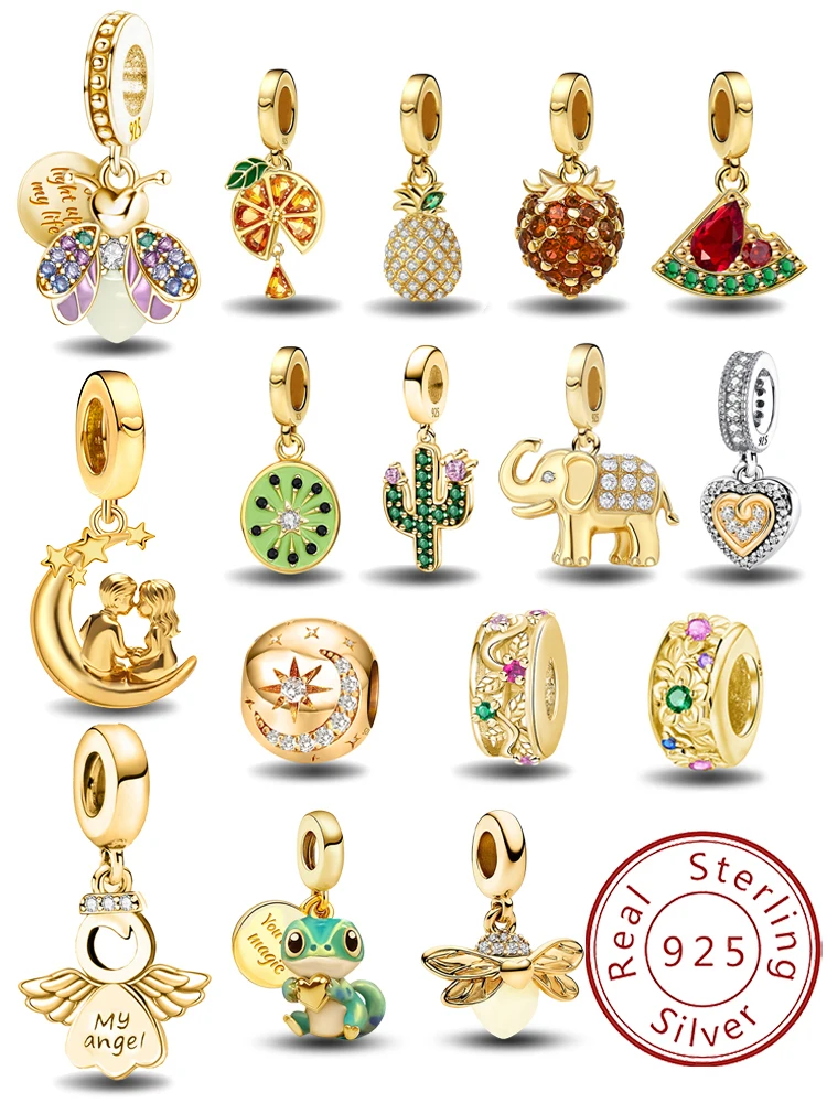 Breloques en argent Sterling 925, série dorée, cœur d'amour, ange, adaptées à la fabrication de bracelets et de colliers, cadeau, bijoux fins de haute qualité