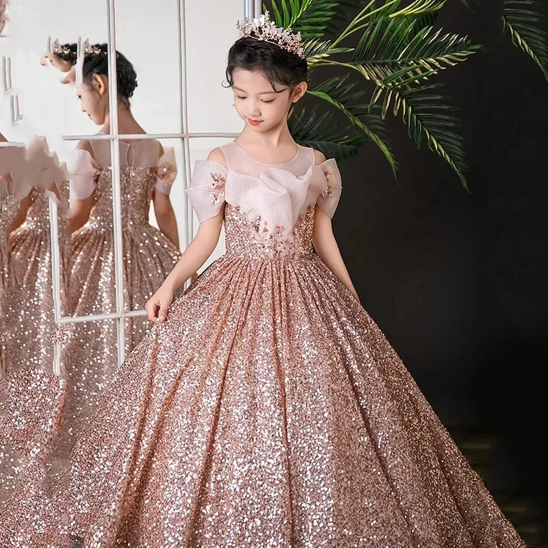 2025 Bambine di lusso fantasia principessa abito lungo con paillettes abiti da festa da sera bambini performance di pianoforte temperamento bambini