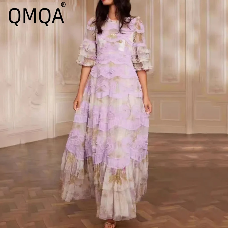 QMQA Fashion Women's Lace Mesh Splicing Print Dresses Round Neck Short Sleeved Elegant Big Swing Dress New Female Clothing 1A157