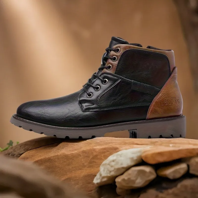 Leather Men Ankle Boots Plus Size High Top Shoes Outdoor Work Casual Shoes Motorcycle Military Combat Boots Fashion Autumn Brown view 4