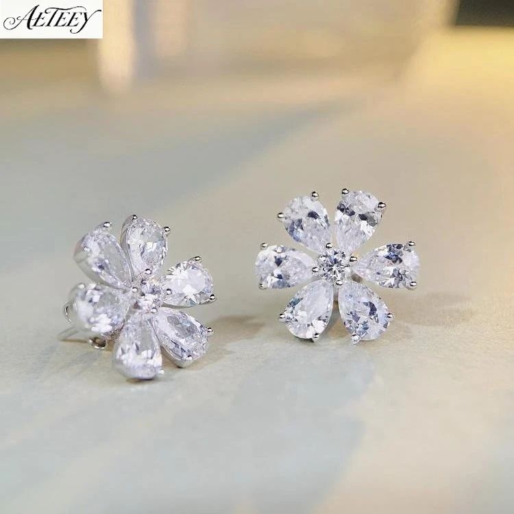 AETEEY S925 Silver Flower Stud Earrings Full Paved 5A Zircon High Carbon Diamond Luxury Women Ear Jewelry