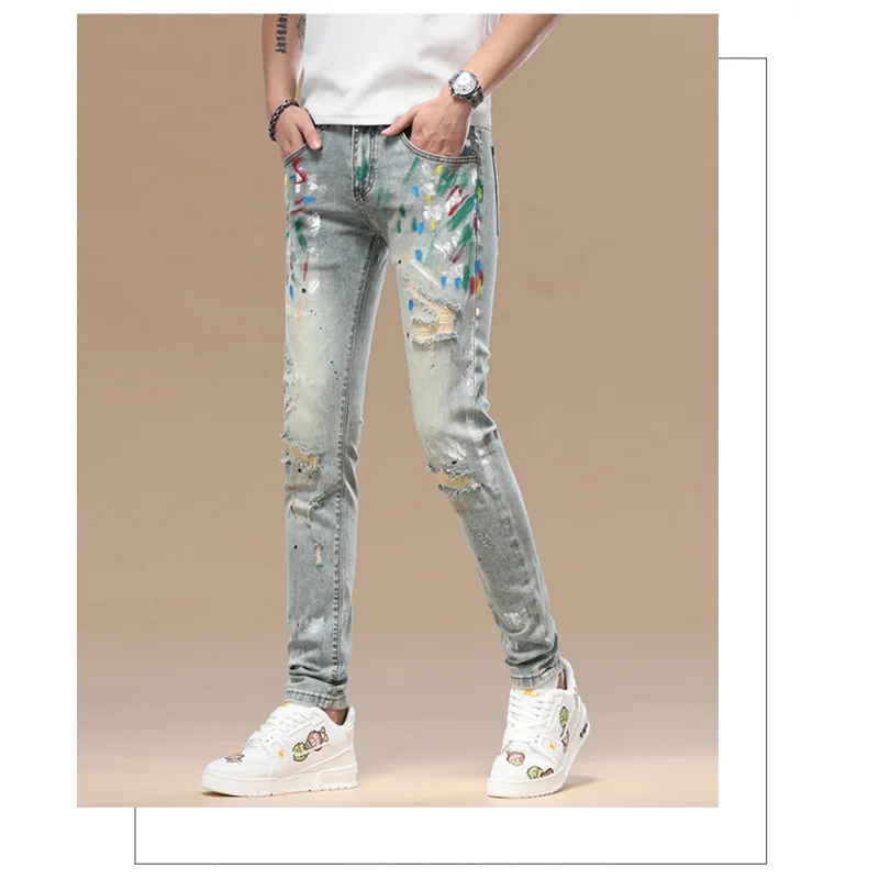 

High end ripped patch nine inch jeans for men with slim fit and small feet, 2025 spring/summer new fashion trend printed pants
