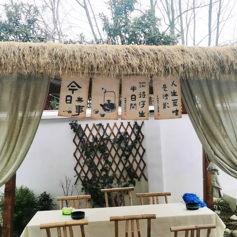 

Chinese Tea Room Atmosphere Layout Hanging Cloth Vintage Teahouse Signboard Outdoor Camping Background Decor Short Curtain