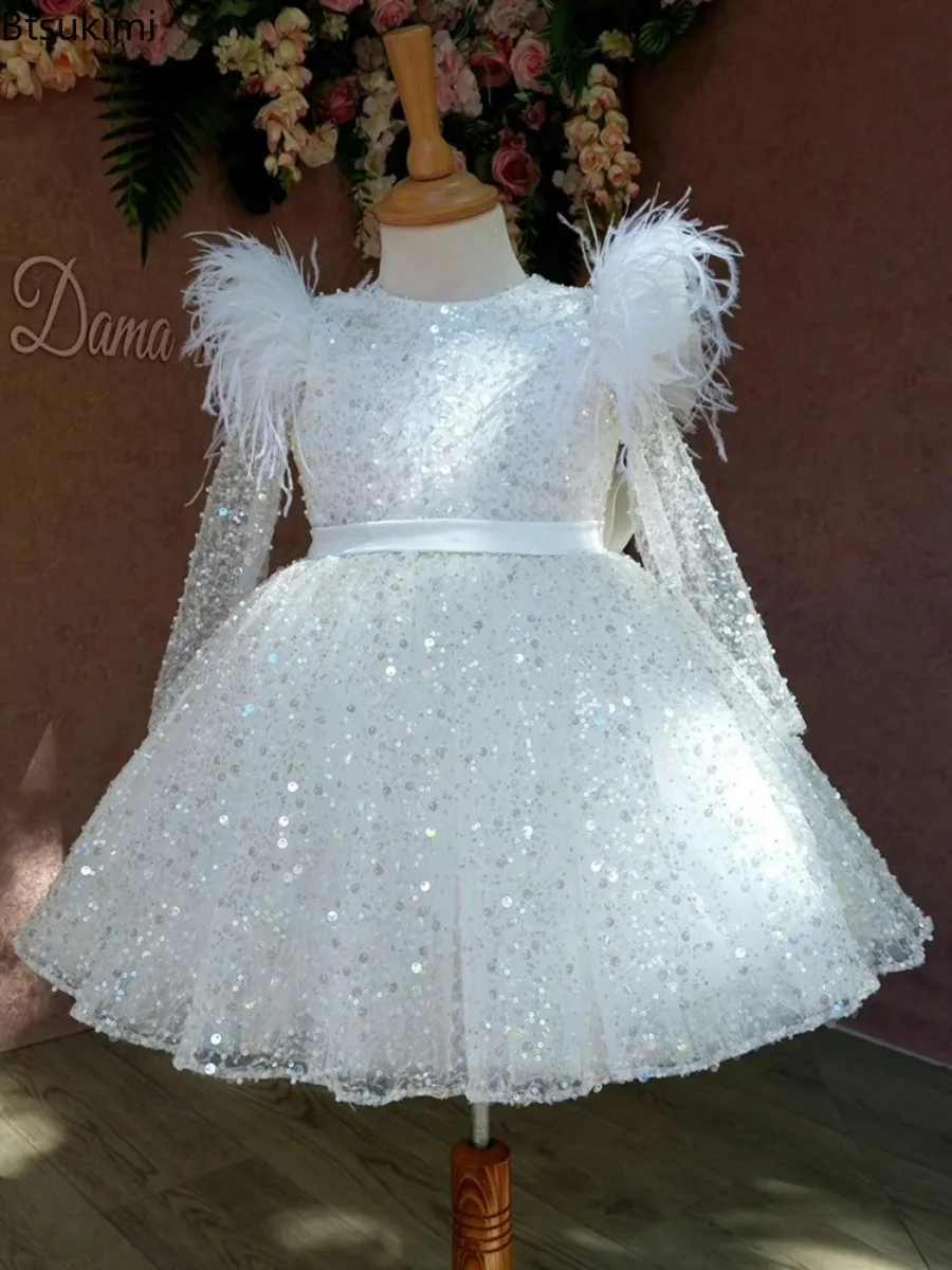 Fashion Baby Girls Princess Sequins Tutu Dress Long Feather Sleeve Child Vestido Wedding Party Birthday Xmas Baby Clothes 1-14Y