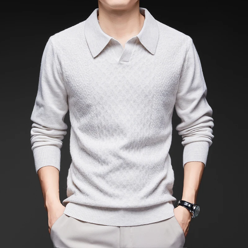 High quality fashion knitted long sleeve T-shirt men's autumn personalized jacquard polo shirt casual new warm V-neck sweater