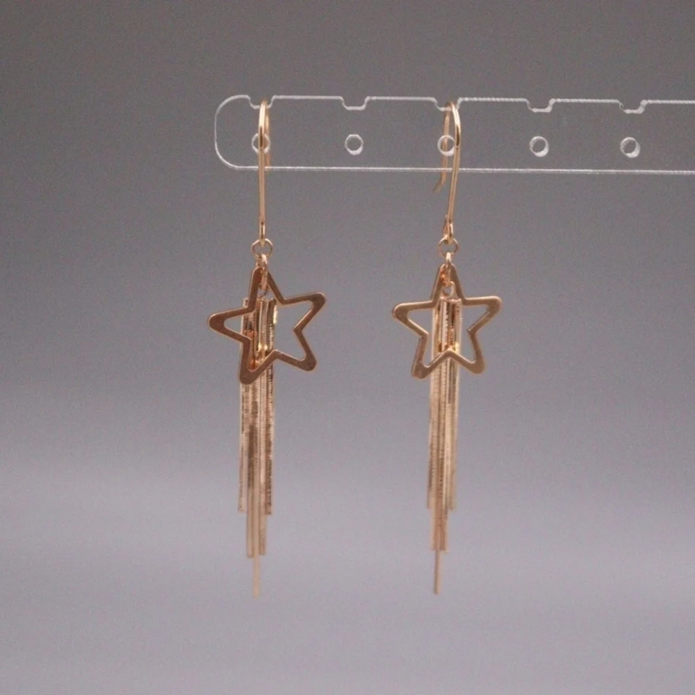 Real Pure 18K Rose Gold Dangle Women Lucky Star Snake Chain Tassel Earrings 3.14g