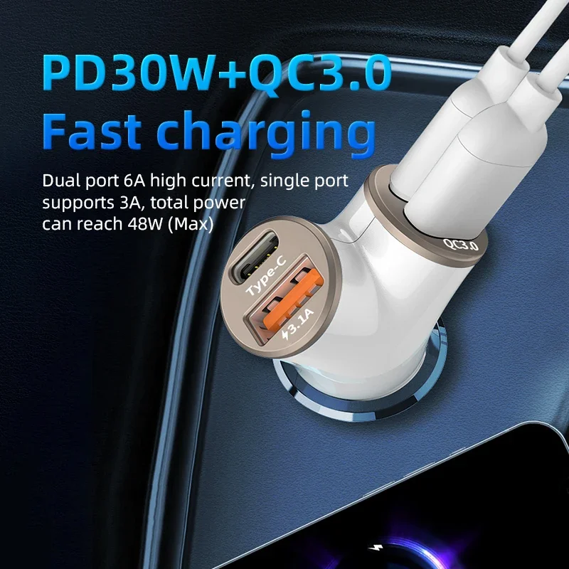 

Супер быстрое автомобильное зарядное устройство PD 30 Вт, 4 порта, быстрое зарядное устройство, USB Type-C, адаптер для телефона, быстрая зарядка 3,0 в автомобиле для iPhone 15 Samsung Xiaomi