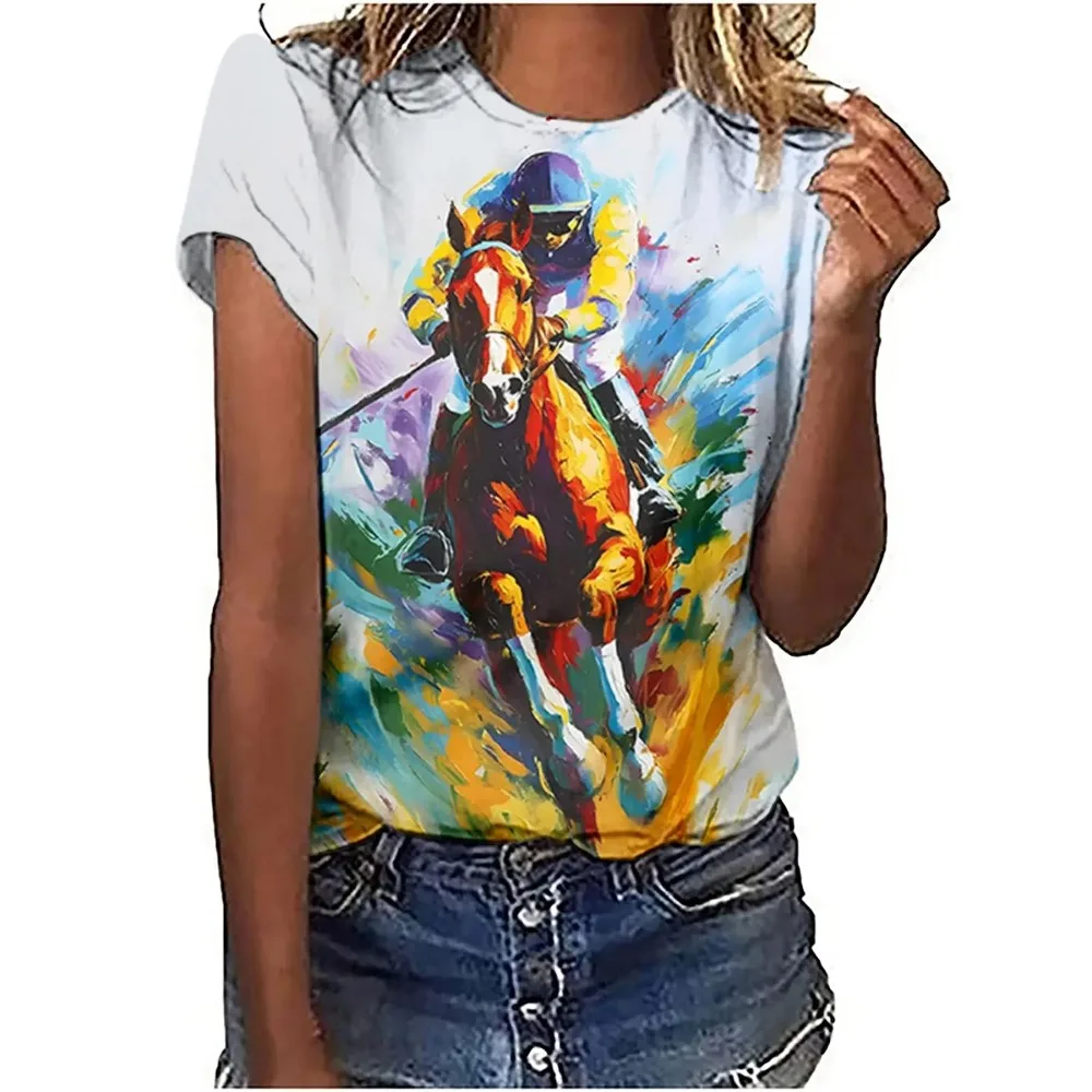 Women's T-Shirts Horse Racing Graphic 3D Printed New O-Neck Short Sleeve T Shirt Y2k Harajuku Tees Tops Female Pullover Clothing