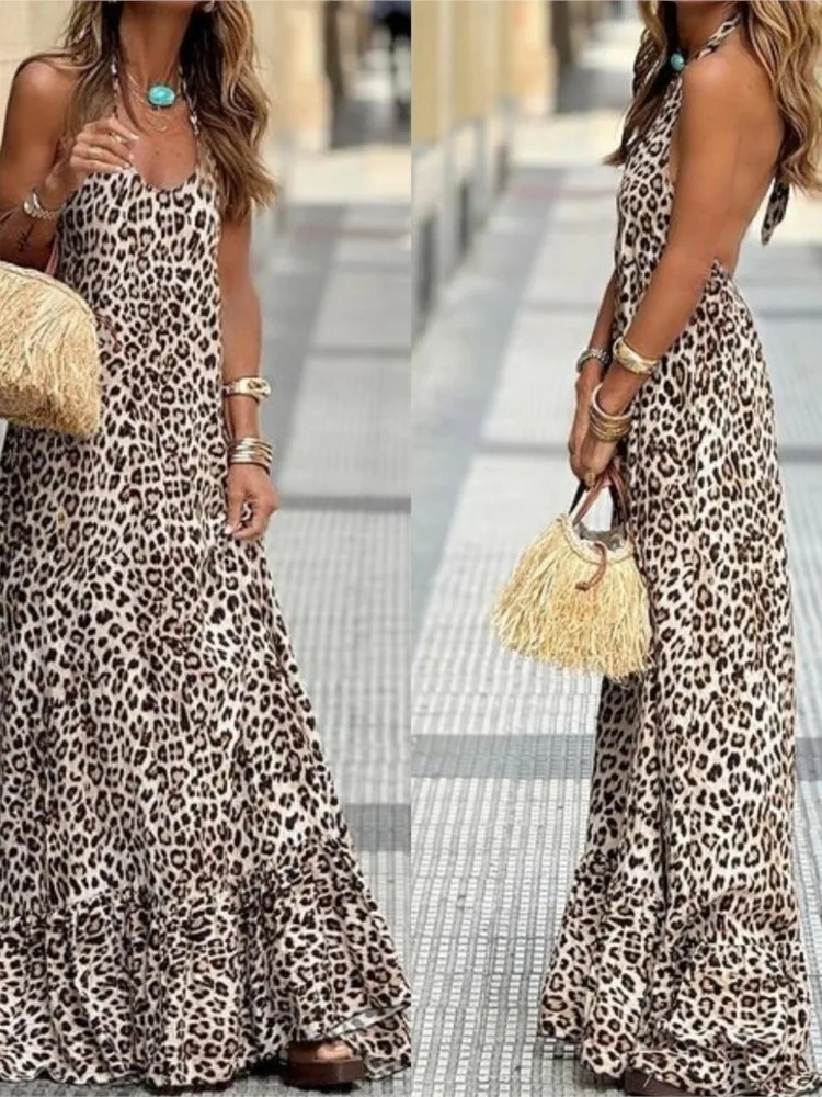 Leopard Print Halter Neck Leace-up Sexy Long Dresses For Women V-neck Backless Fashion Maxi Dress Femme Vacation Streetwear Robe