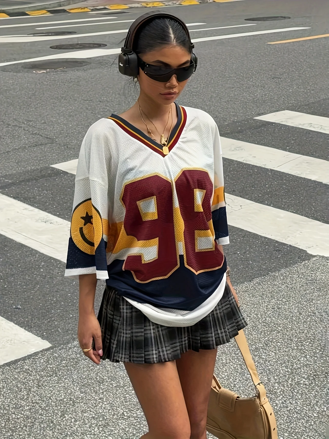 Gloednieuwe dames Y2k Mesh digitale grafische bedrukte T-shirts V-hals halve mouw losse tee tops outdoor oversized casual kleding