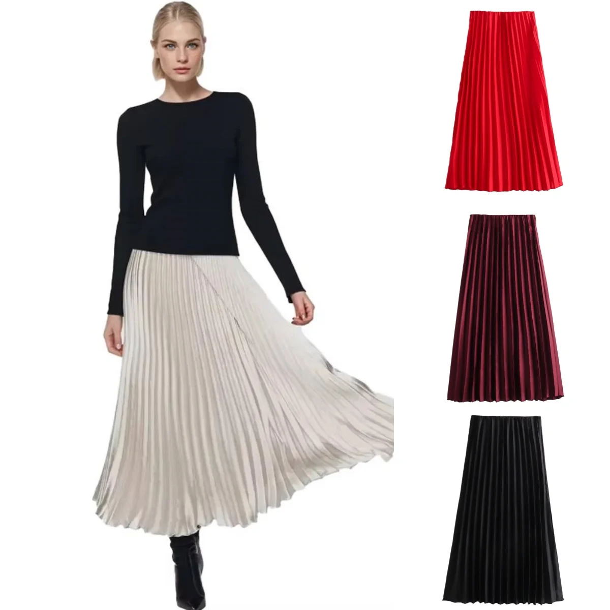 

Весна 2024, женская черная винно-красная абрикосовая красная европейская и американская шелковая текстура, белая юбка с рюшами, новая женская юбка с высокой талией