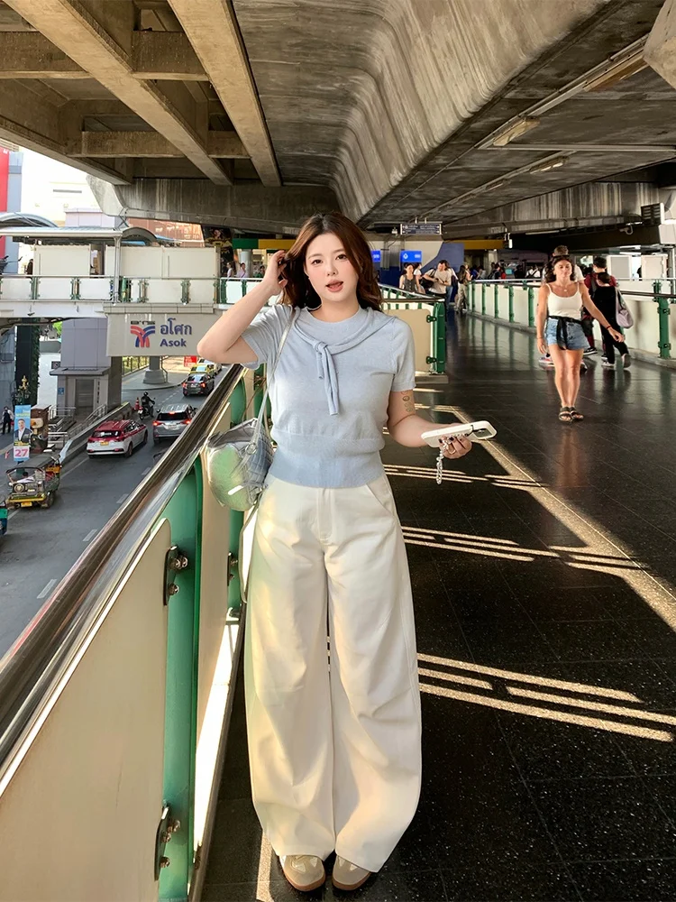 

Американские ретро-брюки свободного кроя для женщин больших размеров, прямые, однотонные, струящиеся, с высокой талией, из смесового полиэстера