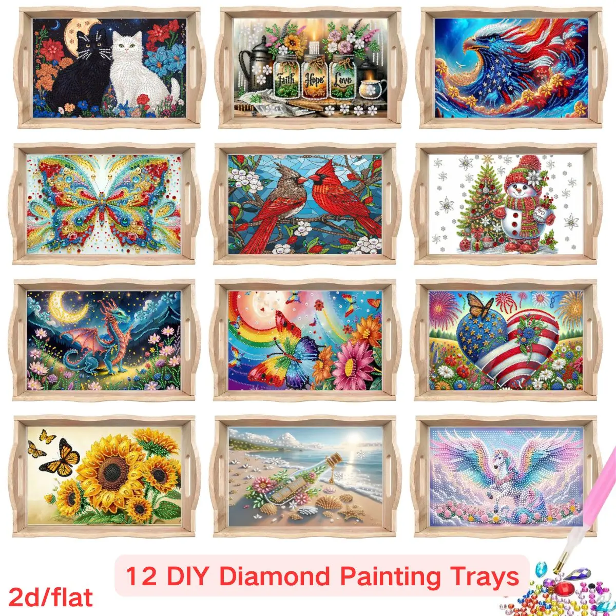 

A diamond-painted square tray set with colorful floral and animal designs, perfect for creative holiday party table organization