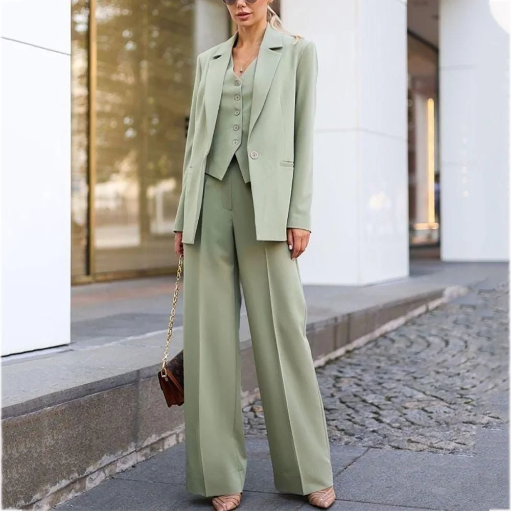 

Light Green Women Suit Classy Notched Lapel Straight Fitted Three Pieces Professional Office Wear Lady Sets Fall Outfits