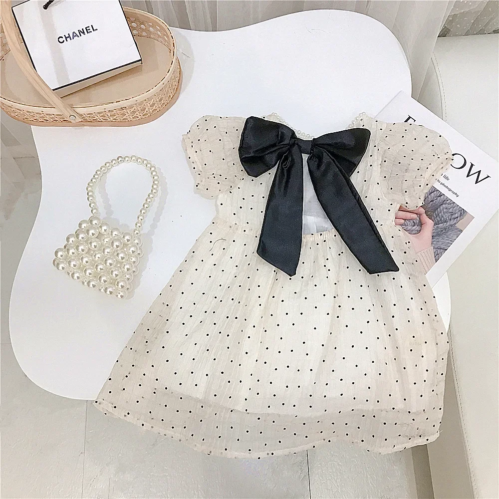 Baby Girl Dress Short Sleeve with Bow Dot Printed Princess Dress Cute Toddler Dress Children Clothes Drop Shopping