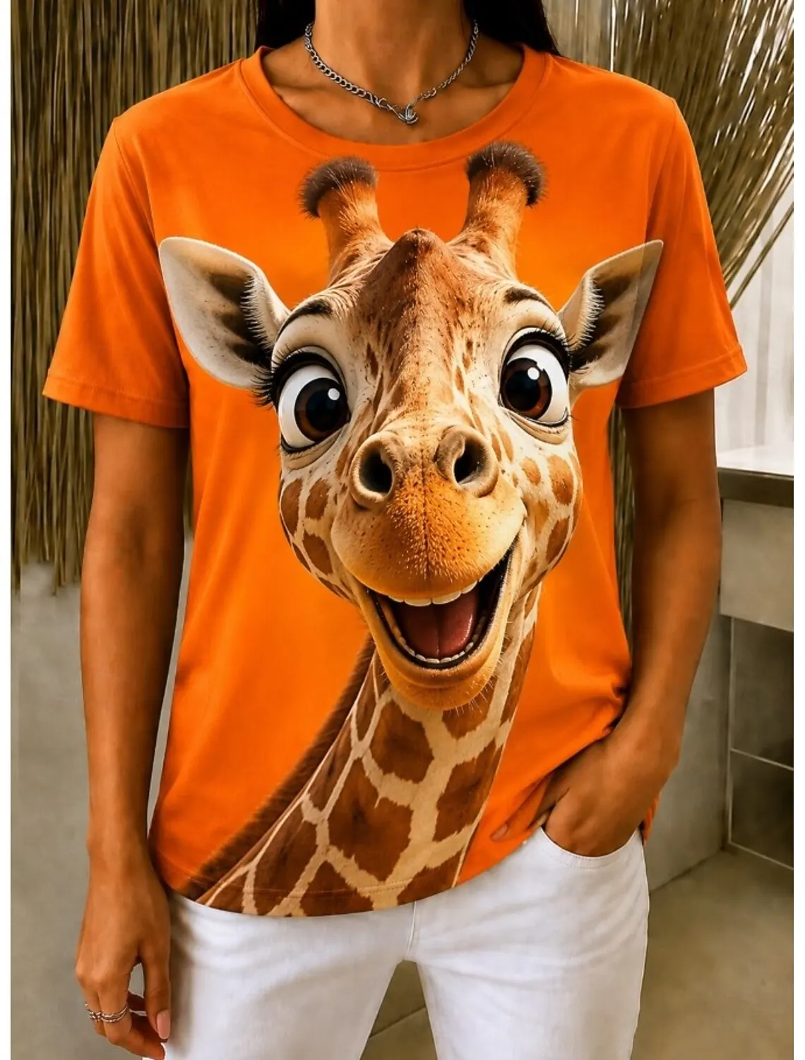 Women's Spring Summer 3D Printed Crew Neck Tee, Bright Orange Base Big Eye Giraffe Big Head 3D Print Casual Fashion Top