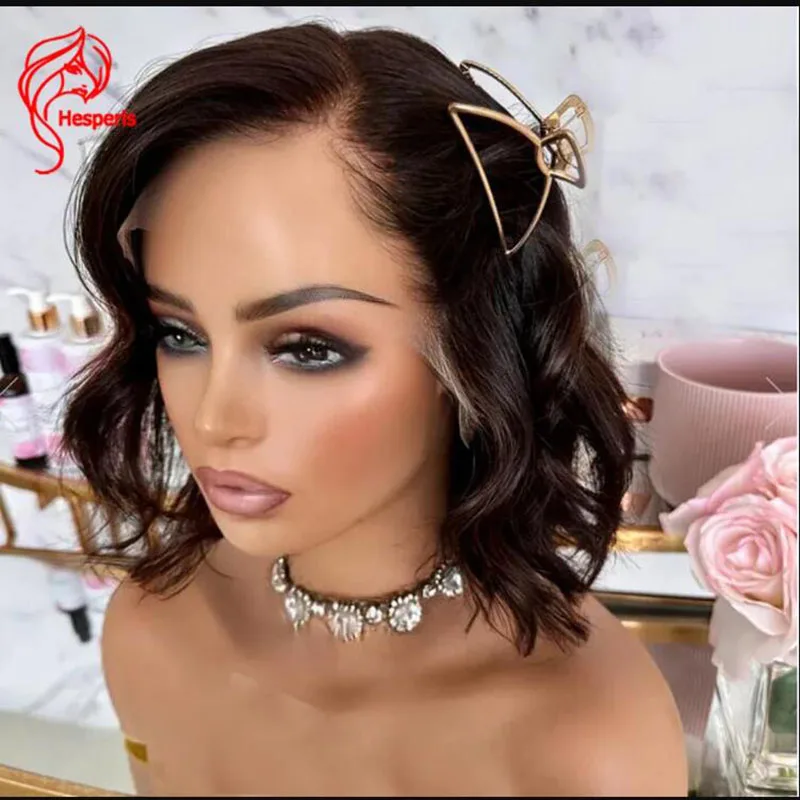 Hesperis Korte Golvende Human Hair Pruiken #2 Bruine Lace Front Pruik Pre Geplukt 13X6 Deep Part Bob Menselijk Haar Pruik Voor Vrouwen - afbeelding 2