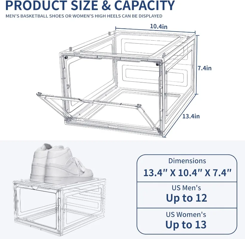 صناديق تخزين أحذية شفافة قابلة للتكديس مع غطاء مغناطيسي ، صندوق حذاء رياضي بلاستيكي كبير ، ترقية