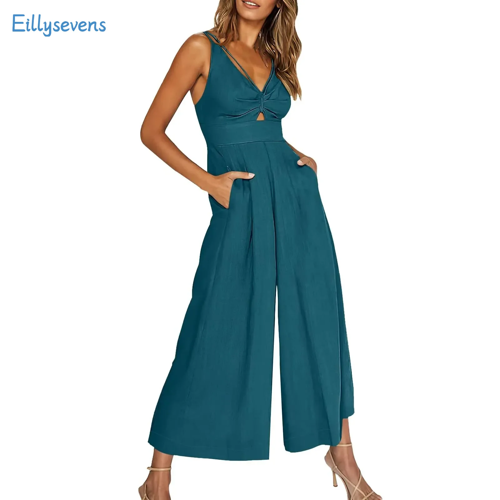 

Women Suspender Jumpsuits Simple Solid Sleeveless High Waist Loose Wide Leg Jumpsuits With Pocket Leisure Resorts Style Pants